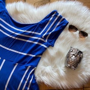 LOFT Blue Cross Back White Stripe Flowy Dress